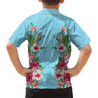 Hawaii Tropical Flowers Family Matching Off Shoulder Maxi Dress and Hawaiian Shirt Sky Blue Polynesian Tattoo Art LT05 - Polynesian Pride