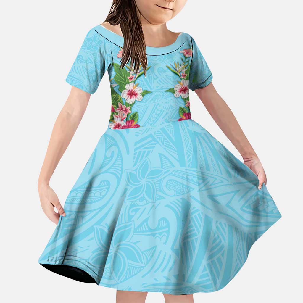 Hawaii Tropical Flowers Family Matching Off Shoulder Maxi Dress and Hawaiian Shirt Sky Blue Polynesian Tattoo Art LT05 Daughter's Dress Blue - Polynesian Pride