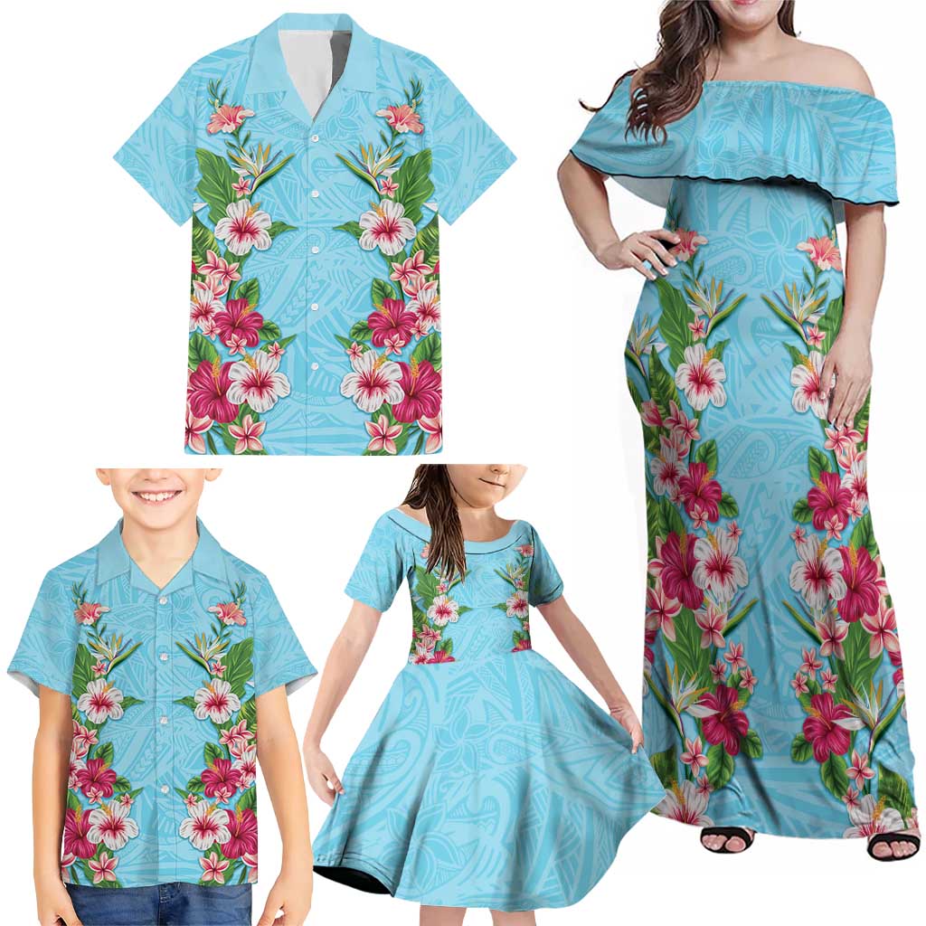 Hawaii Tropical Flowers Family Matching Off Shoulder Maxi Dress and Hawaiian Shirt Sky Blue Polynesian Tattoo Art LT05 - Polynesian Pride