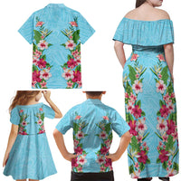 Hawaii Tropical Flowers Family Matching Off Shoulder Maxi Dress and Hawaiian Shirt Sky Blue Polynesian Tattoo Art LT05 - Polynesian Pride