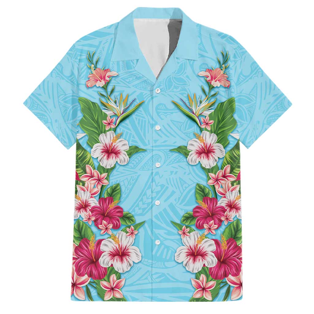 Hawaii Tropical Flowers Family Matching Off Shoulder Maxi Dress and Hawaiian Shirt Sky Blue Polynesian Tattoo Art LT05 Dad's Shirt - Short Sleeve Blue - Polynesian Pride