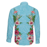Hawaii Tropical Flowers Family Matching Off Shoulder Maxi Dress and Hawaiian Shirt Sky Blue Polynesian Tattoo Art LT05 - Polynesian Pride
