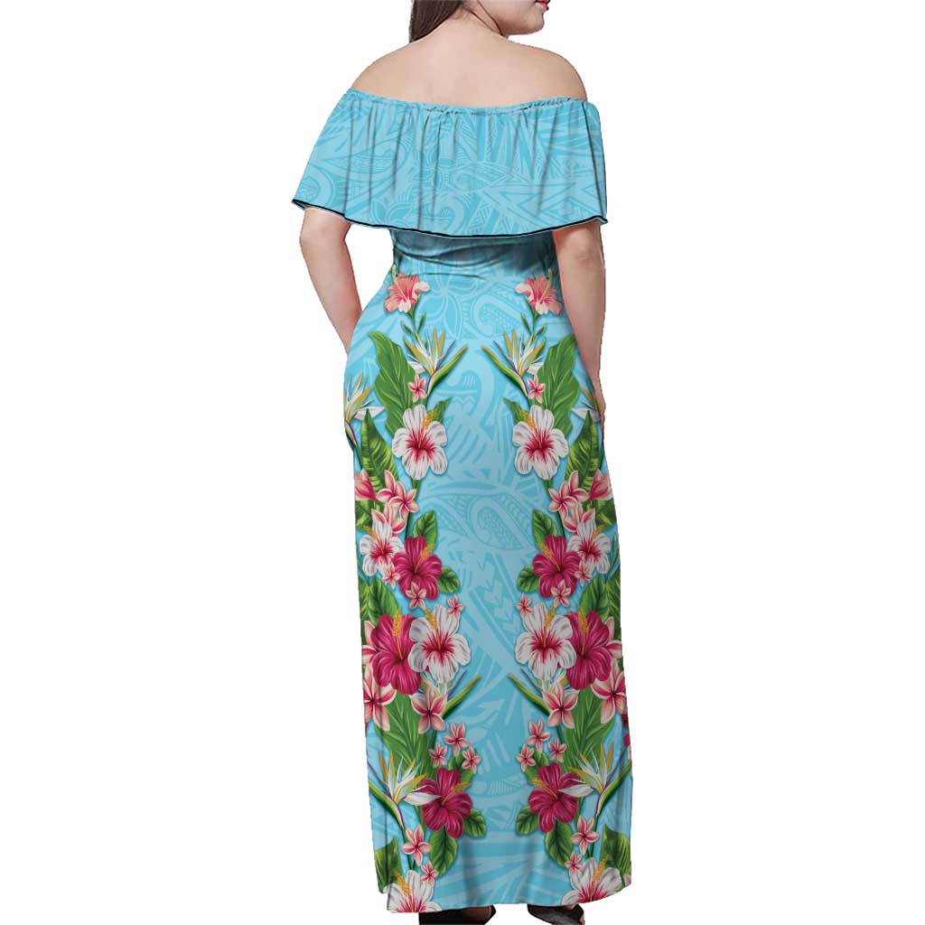Hawaii Tropical Flowers Family Matching Off Shoulder Maxi Dress and Hawaiian Shirt Sky Blue Polynesian Tattoo Art LT05 - Polynesian Pride