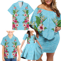 Hawaii Tropical Flowers Family Matching Off Shoulder Short Dress and Hawaiian Shirt Sky Blue Polynesian Tattoo Art LT05 - Polynesian Pride