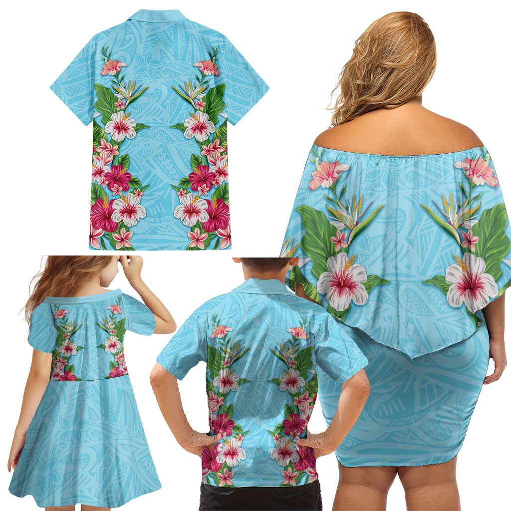 Hawaii Tropical Flowers Family Matching Off Shoulder Short Dress and Hawaiian Shirt Sky Blue Polynesian Tattoo Art LT05 - Polynesian Pride