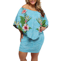Hawaii Tropical Flowers Family Matching Off Shoulder Short Dress and Hawaiian Shirt Sky Blue Polynesian Tattoo Art LT05 Mom's Dress Blue - Polynesian Pride