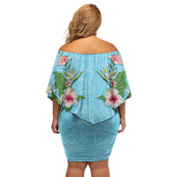 Hawaii Tropical Flowers Family Matching Off Shoulder Short Dress and Hawaiian Shirt Sky Blue Polynesian Tattoo Art LT05 - Polynesian Pride