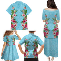 Hawaii Tropical Flowers Family Matching Puletasi and Hawaiian Shirt Sky Blue Polynesian Tattoo Art LT05 - Polynesian Pride