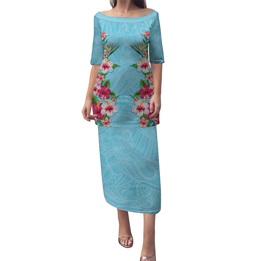 Hawaii Tropical Flowers Family Matching Puletasi and Hawaiian Shirt Sky Blue Polynesian Tattoo Art LT05 Mom's Dress Blue - Polynesian Pride