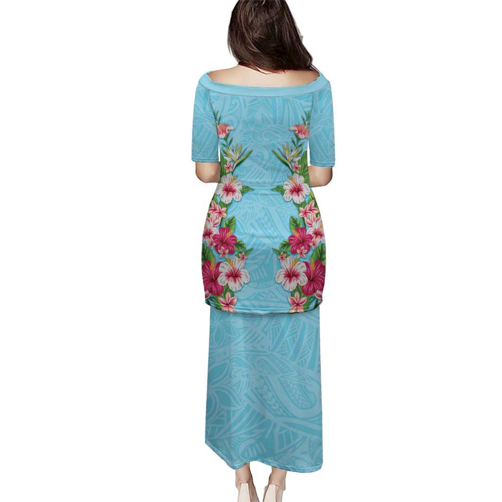 Hawaii Tropical Flowers Family Matching Puletasi and Hawaiian Shirt Sky Blue Polynesian Tattoo Art LT05 - Polynesian Pride