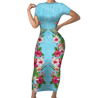 Hawaii Tropical Flowers Family Matching Short Sleeve Bodycon Dress and Hawaiian Shirt Sky Blue Polynesian Tattoo Art LT05 Mom's Dress Blue - Polynesian Pride