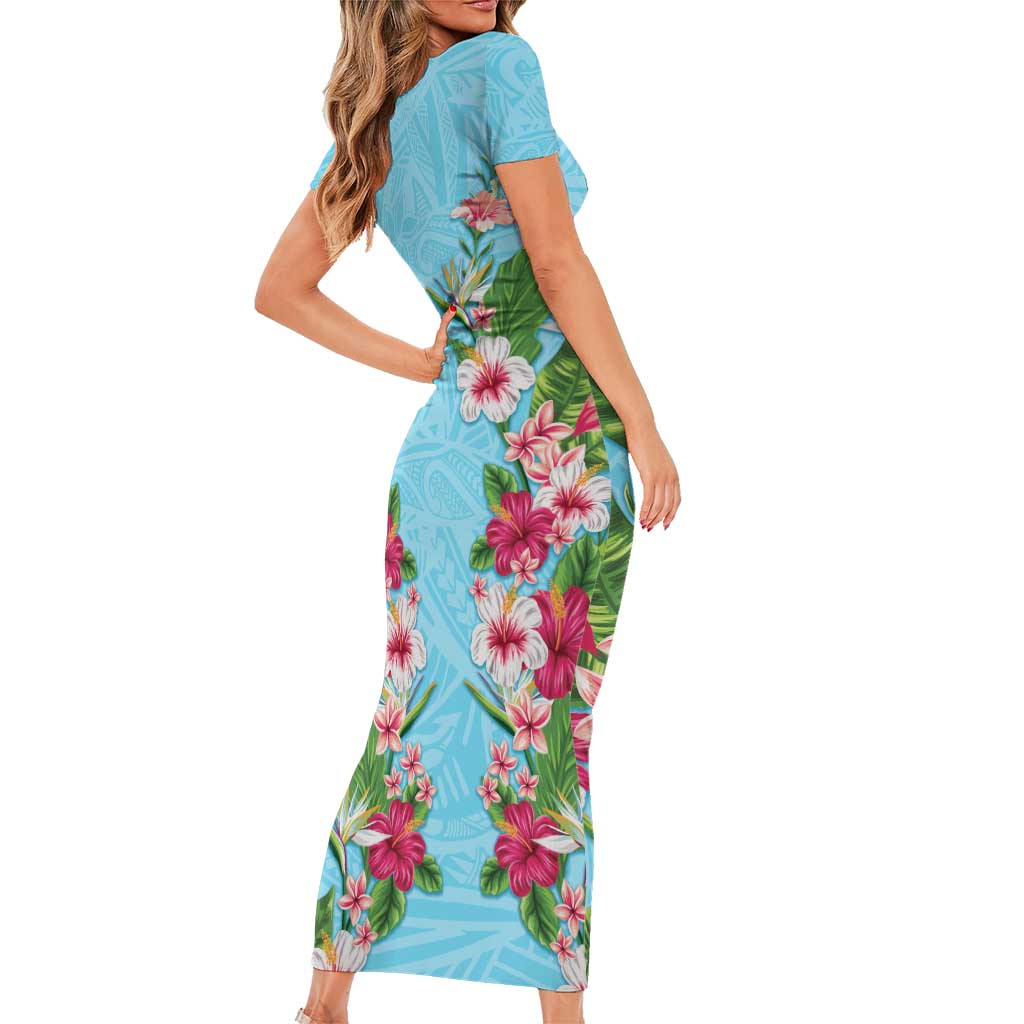 Hawaii Tropical Flowers Family Matching Short Sleeve Bodycon Dress and Hawaiian Shirt Sky Blue Polynesian Tattoo Art LT05 - Polynesian Pride