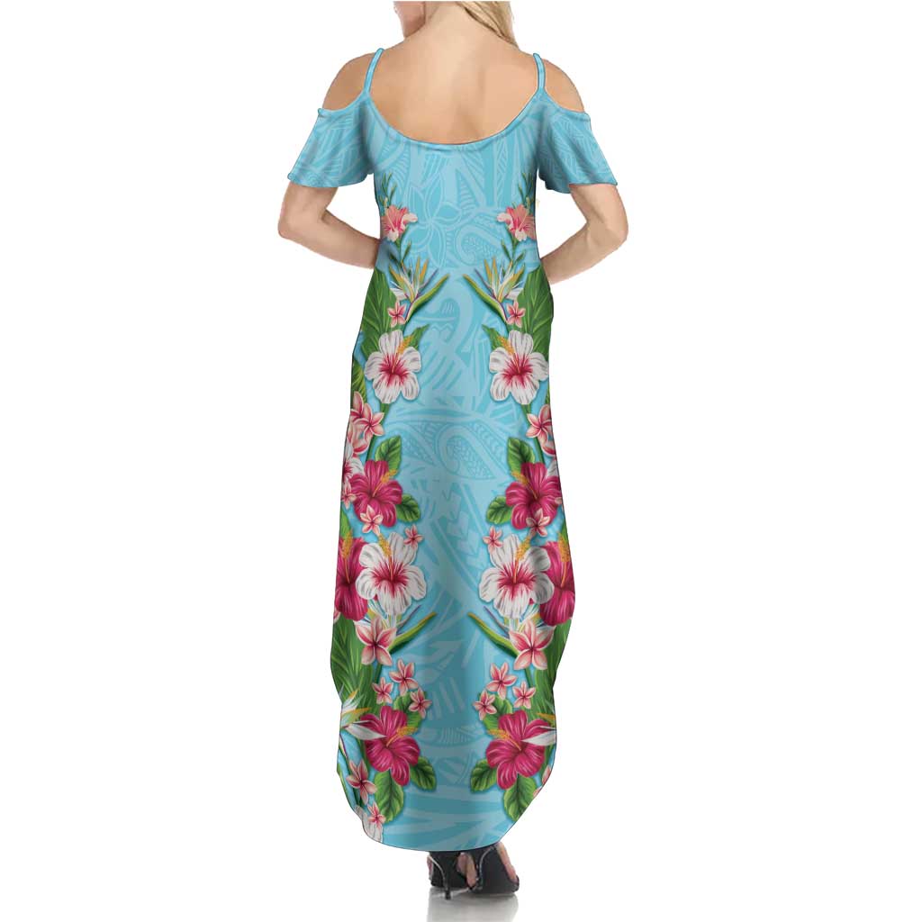 Hawaii Tropical Flowers Family Matching Summer Maxi Dress and Hawaiian Shirt Sky Blue Polynesian Tattoo Art LT05 - Polynesian Pride
