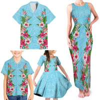 Hawaii Tropical Flowers Family Matching Tank Maxi Dress and Hawaiian Shirt Sky Blue Polynesian Tattoo Art LT05 - Polynesian Pride