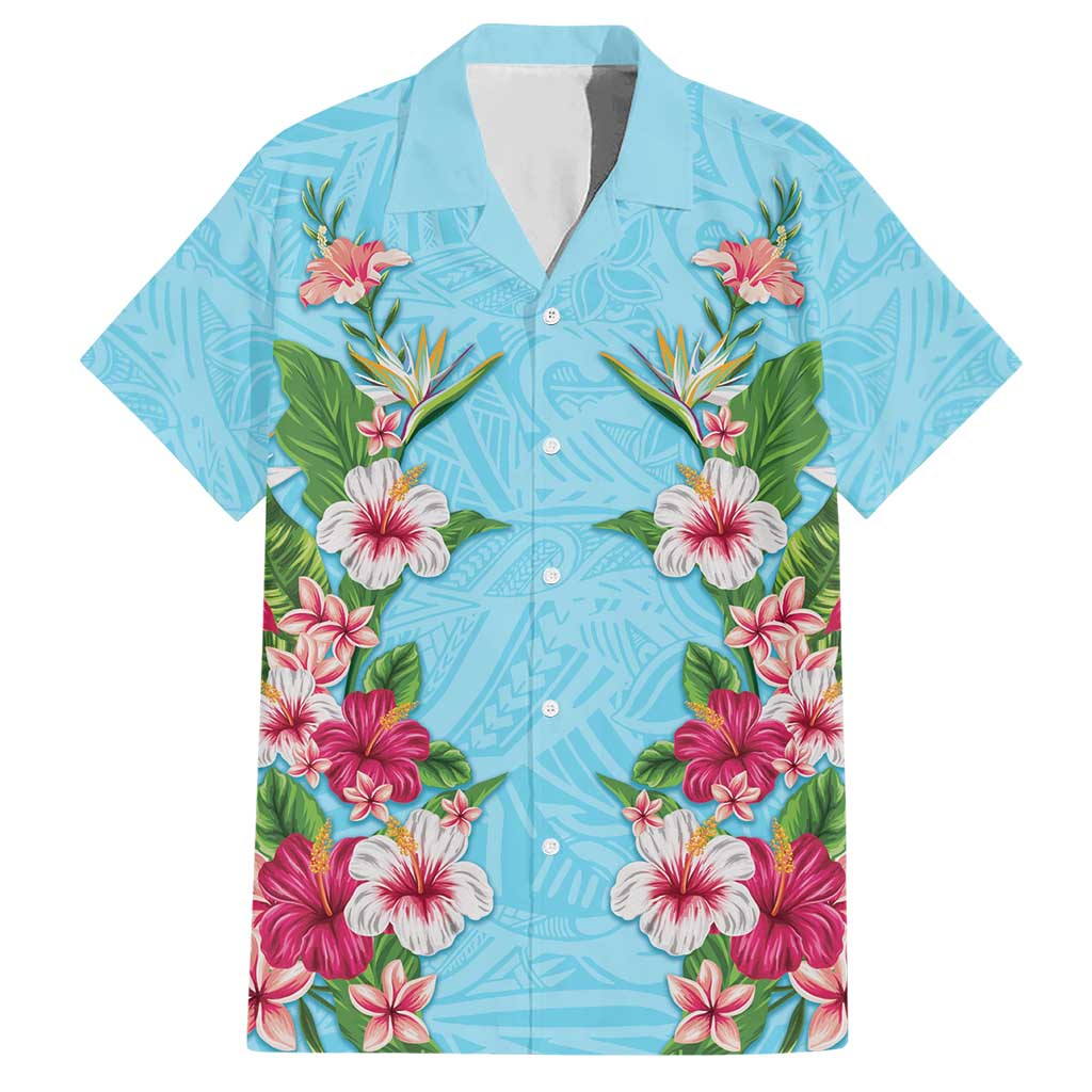 Hawaii Tropical Flowers Hawaiian Shirt Sky Blue Polynesian Tattoo Art