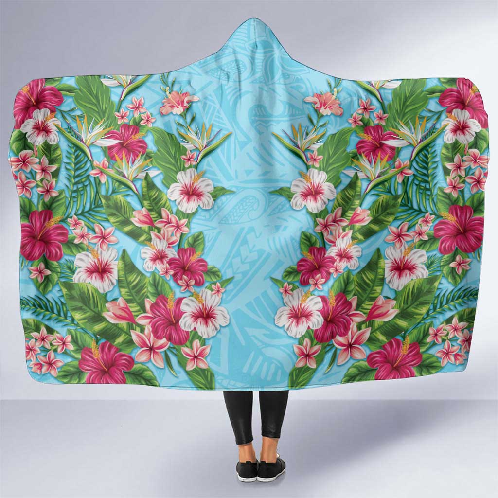 Hawaii Tropical Flowers Hooded Blanket Sky Blue Polynesian Tattoo Art