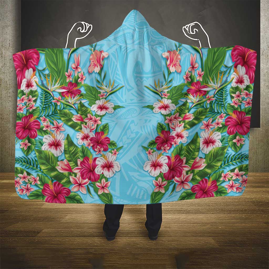 Hawaii Tropical Flowers Hooded Blanket Sky Blue Polynesian Tattoo Art