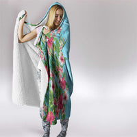 Hawaii Tropical Flowers Hooded Blanket Sky Blue Polynesian Tattoo Art