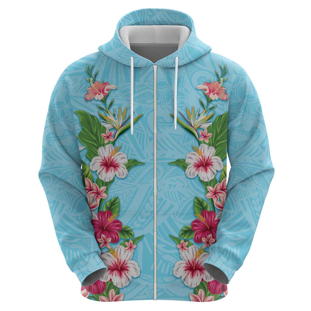 Hawaii Tropical Flowers Hoodie Sky Blue Polynesian Tattoo Art