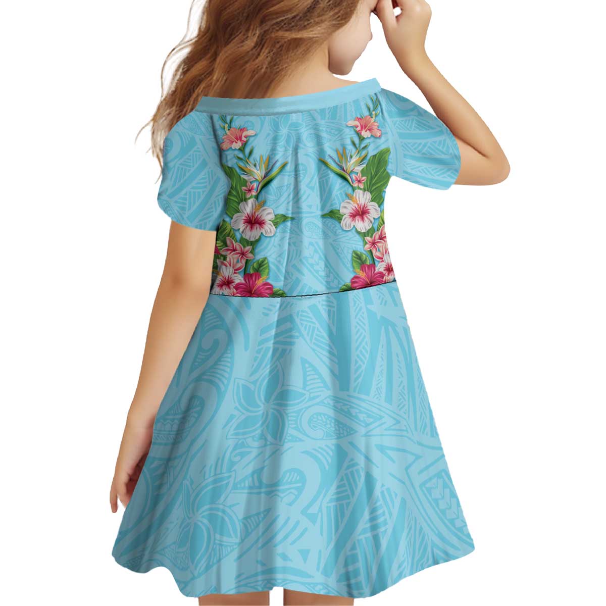 Hawaii Tropical Flowers Kid Short Sleeve Dress Sky Blue Polynesian Tattoo Art