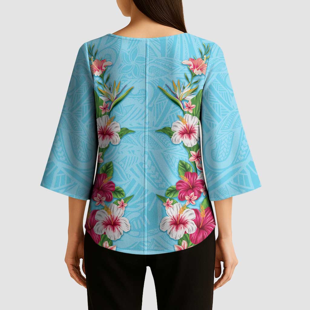 Hawaii Tropical Flowers Kimono Sleeve Blouse Sky Blue Polynesian Tattoo Art
