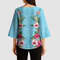 Hawaii Tropical Flowers Kimono Sleeve Blouse Sky Blue Polynesian Tattoo Art