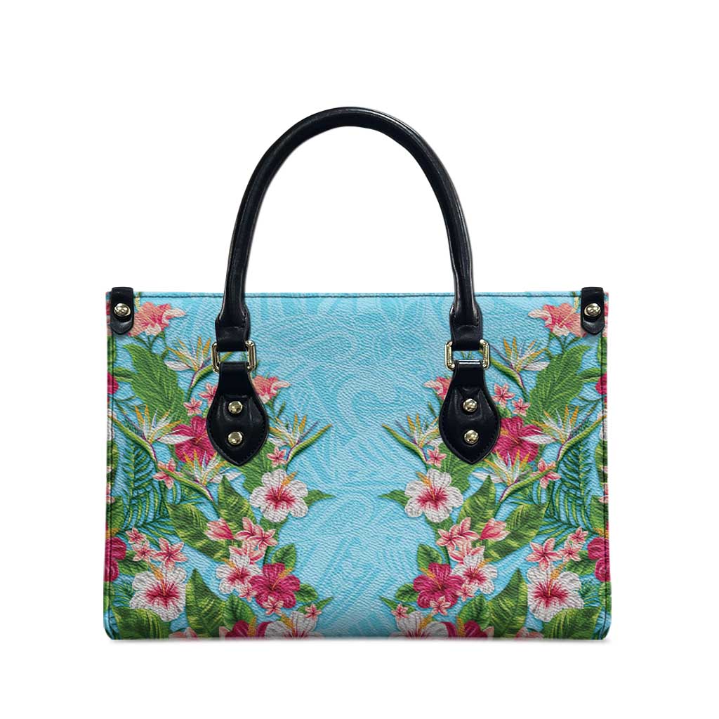 Hawaii Tropical Flowers Leather Bag Sky Blue Polynesian Tattoo Art