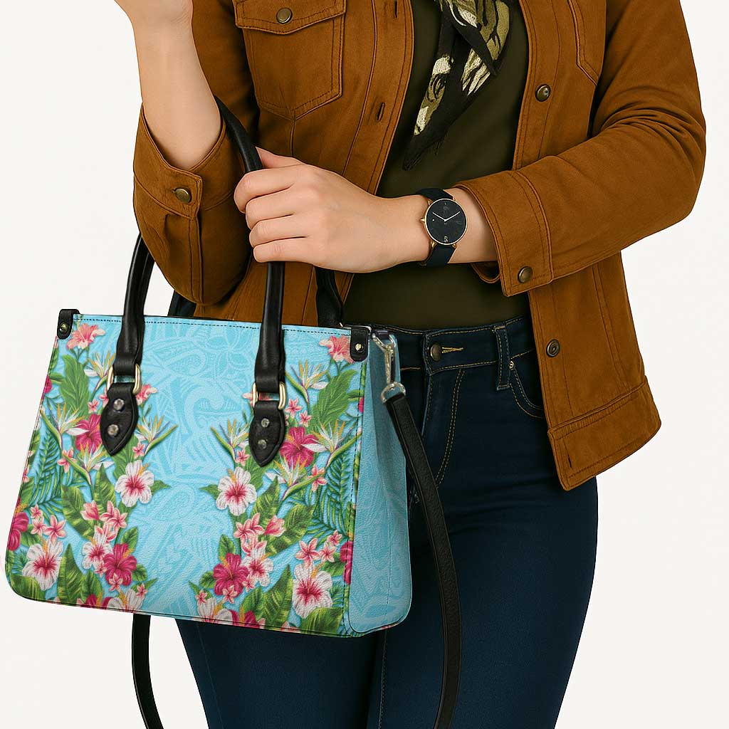 Hawaii Tropical Flowers Leather Bag Sky Blue Polynesian Tattoo Art