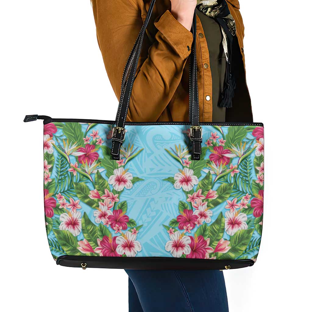 Hawaii Tropical Flowers Leather Tote Bag Sky Blue Polynesian Tattoo Art