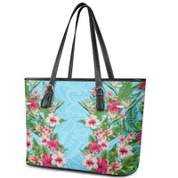 Hawaii Tropical Flowers Leather Tote Bag Sky Blue Polynesian Tattoo Art