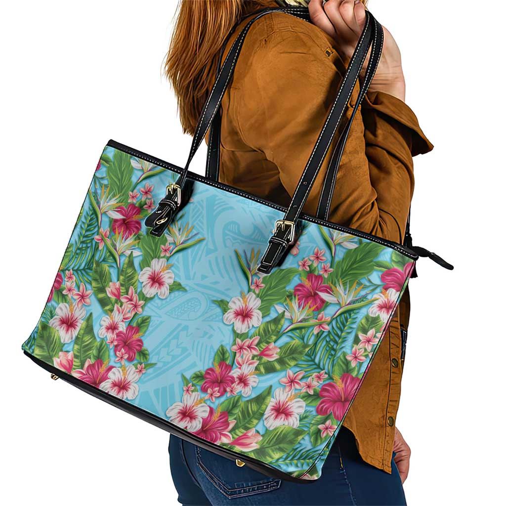 Hawaii Tropical Flowers Leather Tote Bag Sky Blue Polynesian Tattoo Art