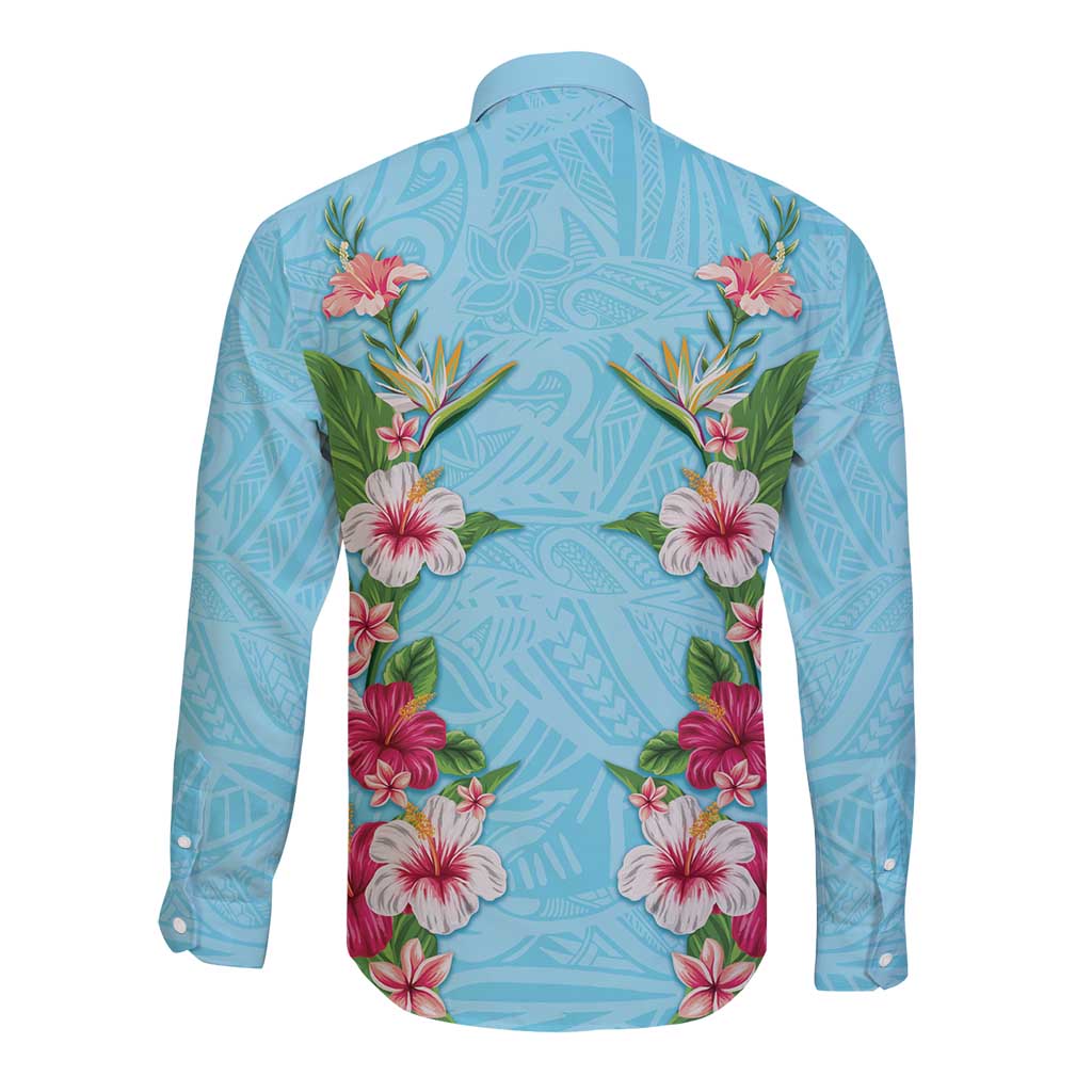 Hawaii Tropical Flowers Long Sleeve Button Shirt Sky Blue Polynesian Tattoo Art