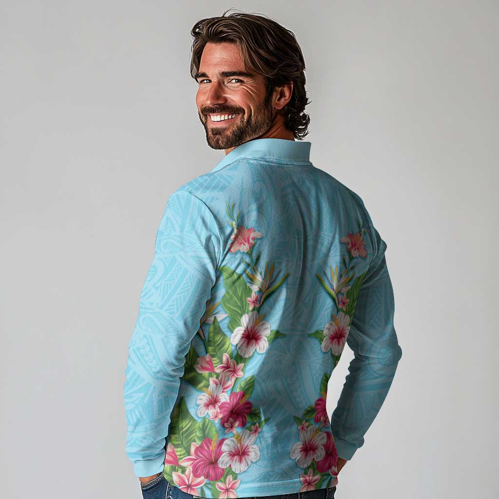 Hawaii Tropical Flowers Long Sleeve Polo Shirt Sky Blue Polynesian Tattoo Art