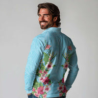Hawaii Tropical Flowers Long Sleeve Polo Shirt Sky Blue Polynesian Tattoo Art