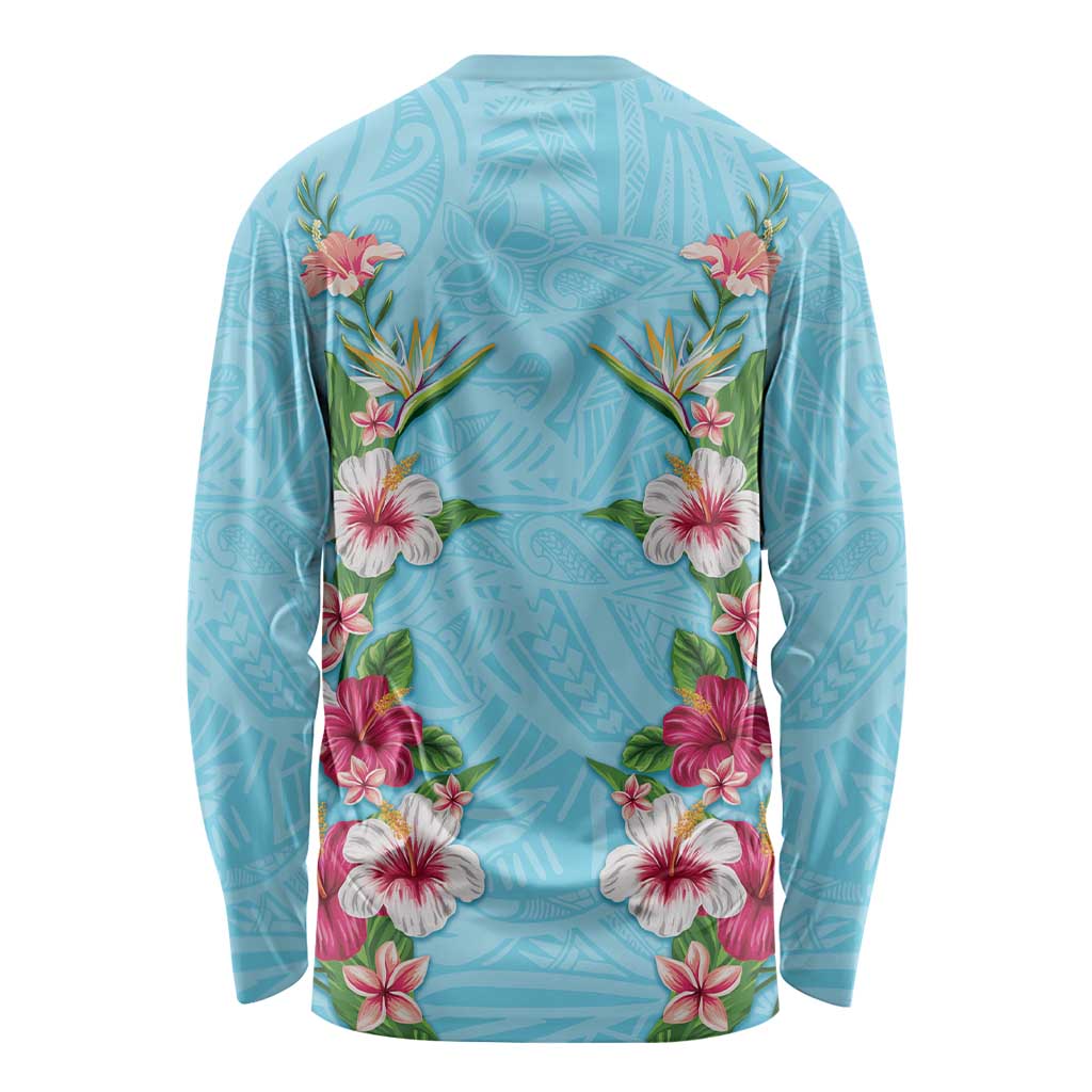 Hawaii Tropical Flowers Long Sleeve Shirt Sky Blue Polynesian Tattoo Art