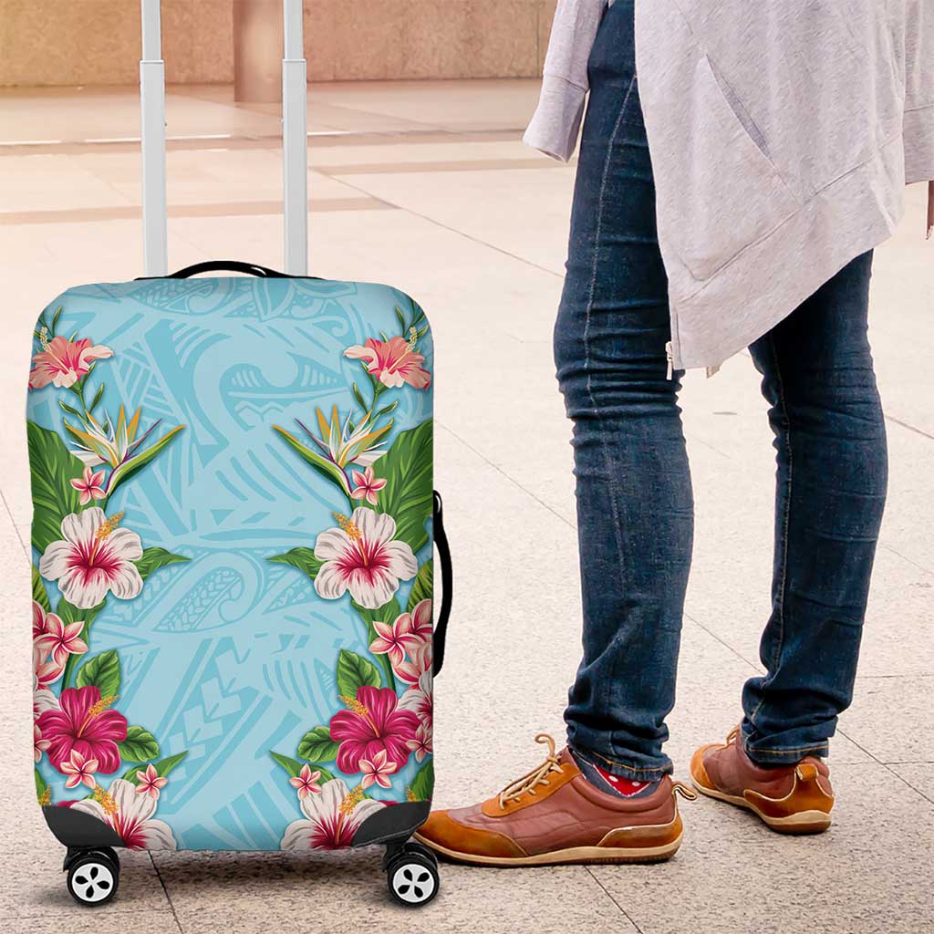 Hawaii Tropical Flowers Luggage Cover Sky Blue Polynesian Tattoo Art