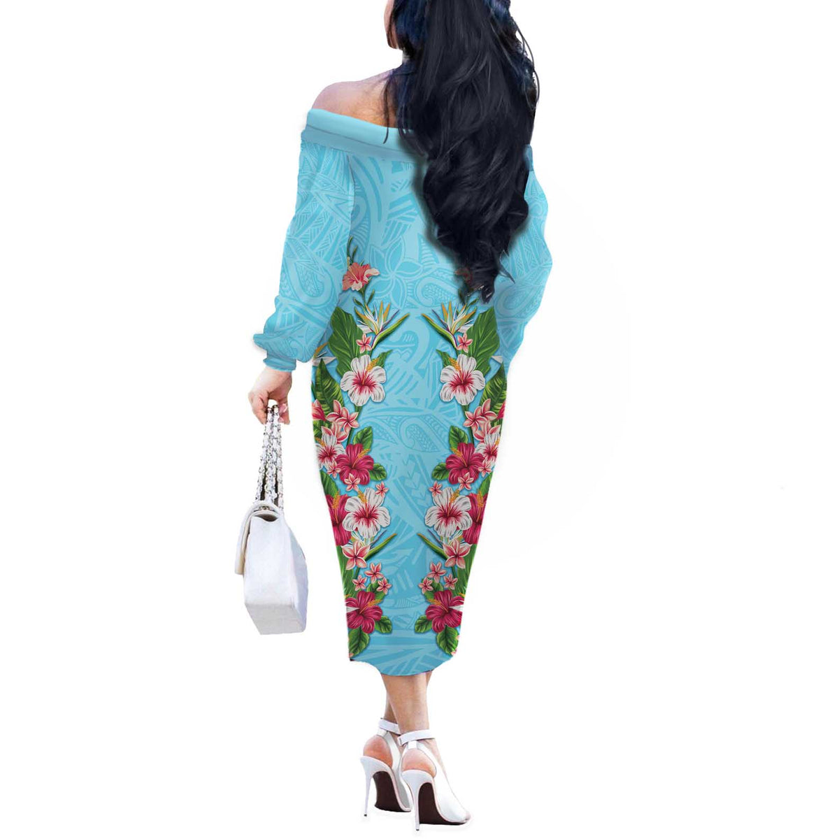 Hawaii Tropical Flowers Off The Shoulder Long Sleeve Dress Sky Blue Polynesian Tattoo Art