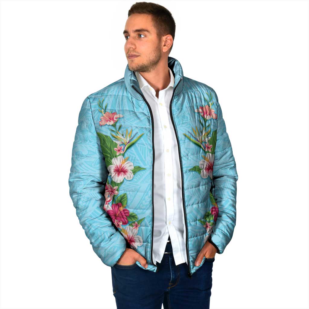 Hawaii Tropical Flowers Padded Jacket Sky Blue Polynesian Tattoo Art
