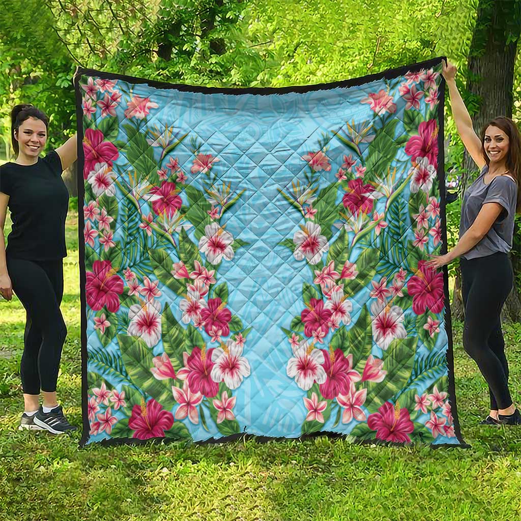 Hawaii Tropical Flowers Quilt Sky Blue Polynesian Tattoo Art