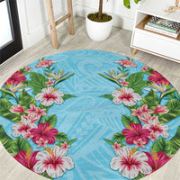 Hawaii Tropical Flowers Round Carpet Sky Blue Polynesian Tattoo Art
