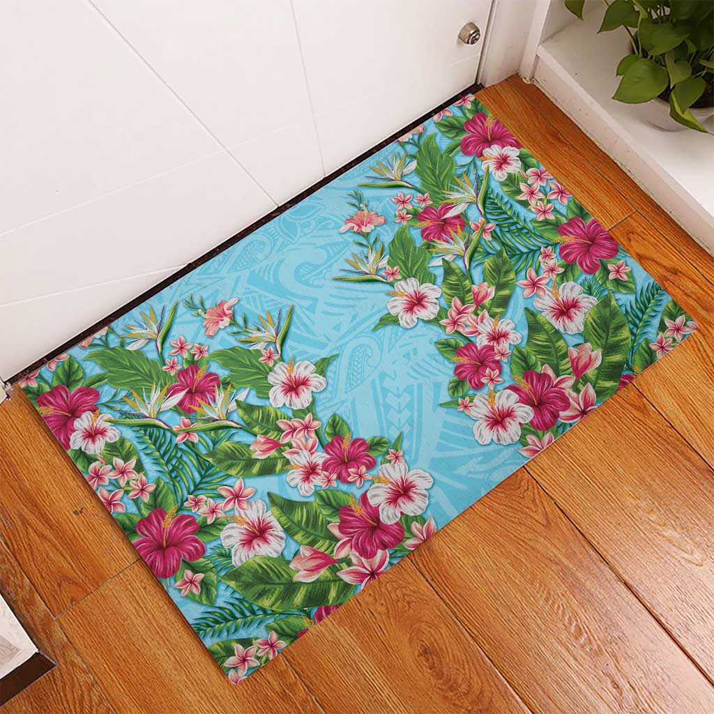 Hawaii Tropical Flowers Rubber Doormat Sky Blue Polynesian Tattoo Art