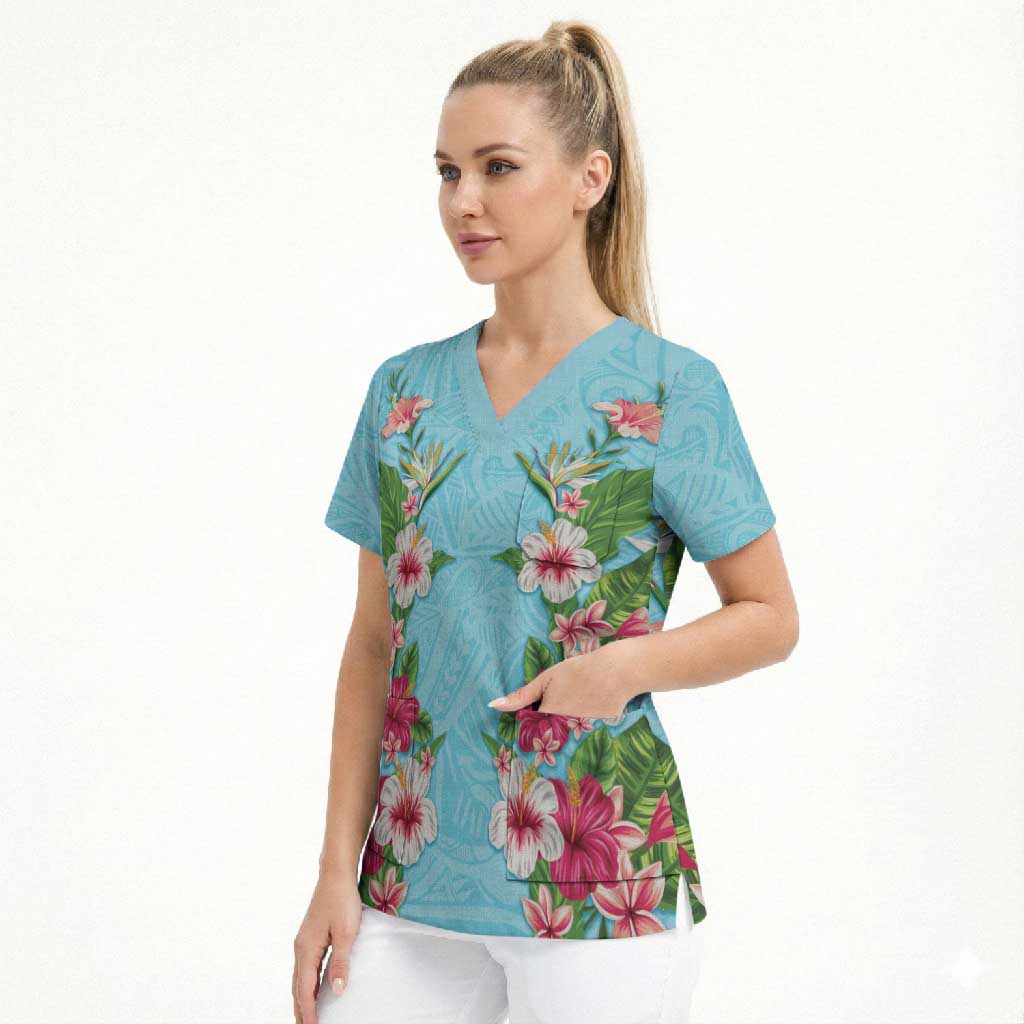Hawaii Tropical Flowers Scrub Top Sky Blue Polynesian Tattoo Art