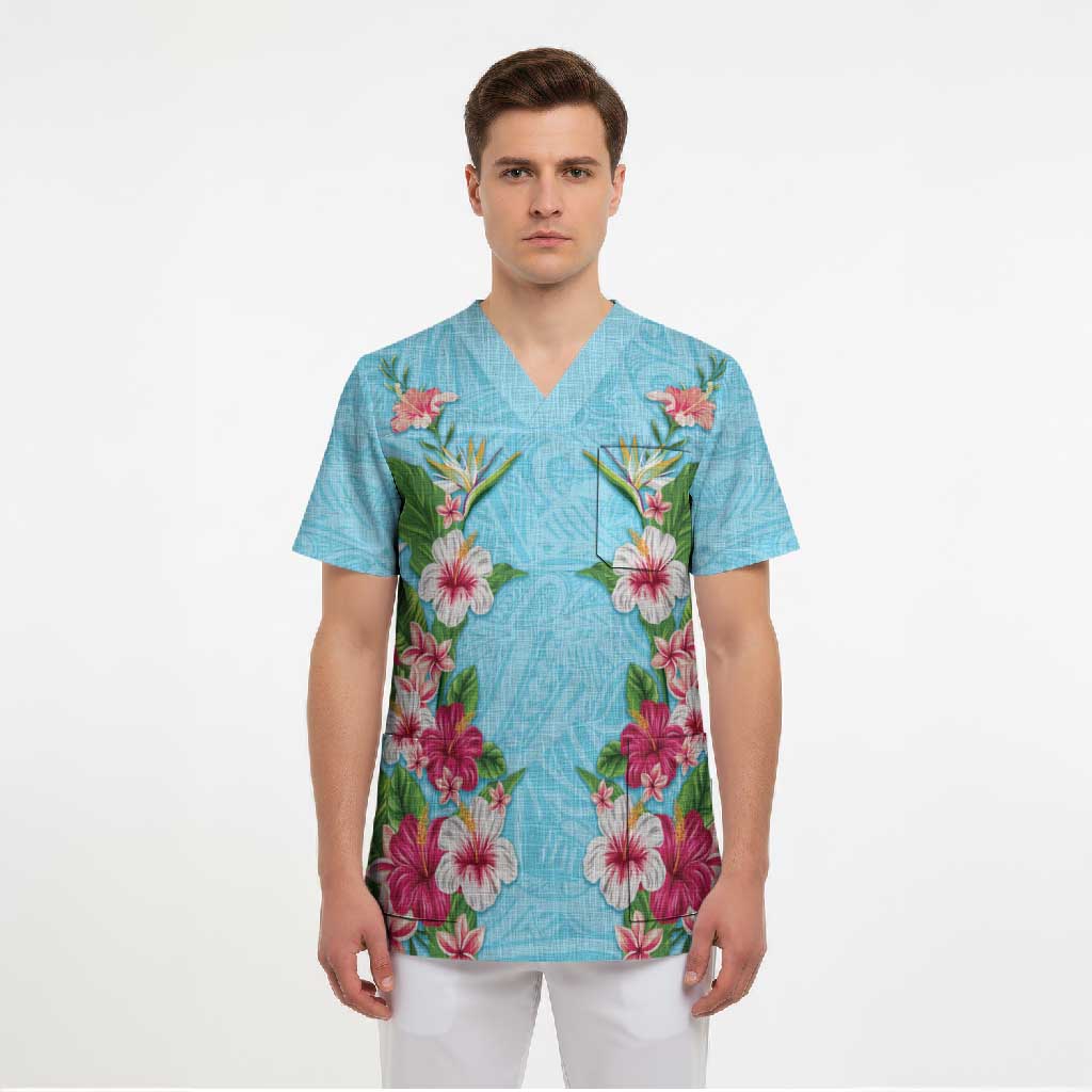 Hawaii Tropical Flowers Scrub Top Sky Blue Polynesian Tattoo Art