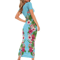 Hawaii Tropical Flowers Short Sleeve Bodycon Dress Sky Blue Polynesian Tattoo Art