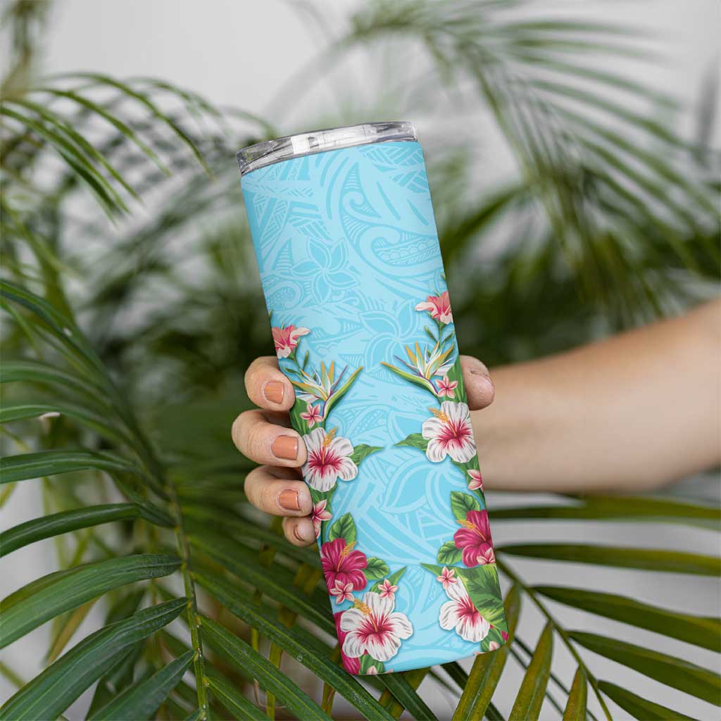Hawaii Tropical Flowers Skinny Tumbler Sky Blue Polynesian Tattoo Art