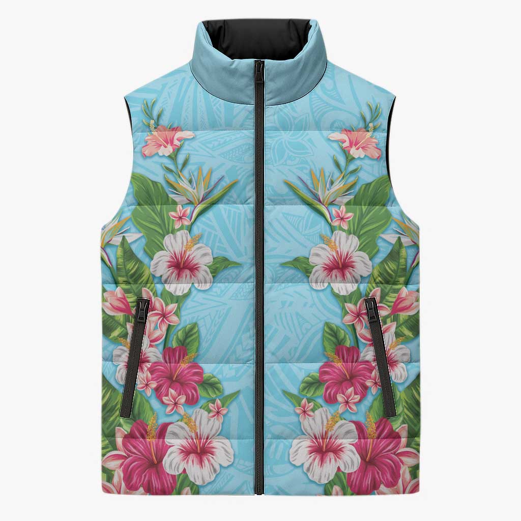 Hawaii Tropical Flowers Sleeveless Puffer Jacket Sky Blue Polynesian Tattoo Art