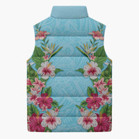 Hawaii Tropical Flowers Sleeveless Puffer Jacket Sky Blue Polynesian Tattoo Art