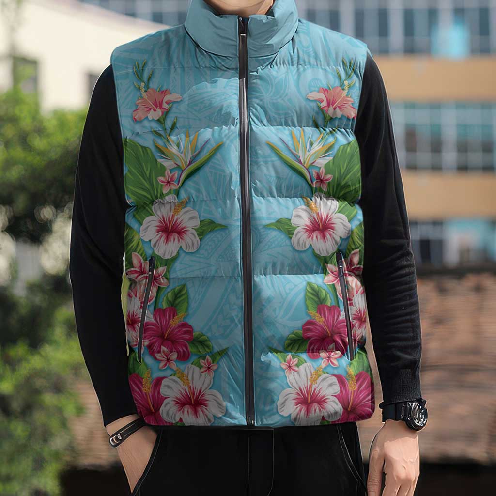 Hawaii Tropical Flowers Sleeveless Puffer Jacket Sky Blue Polynesian Tattoo Art