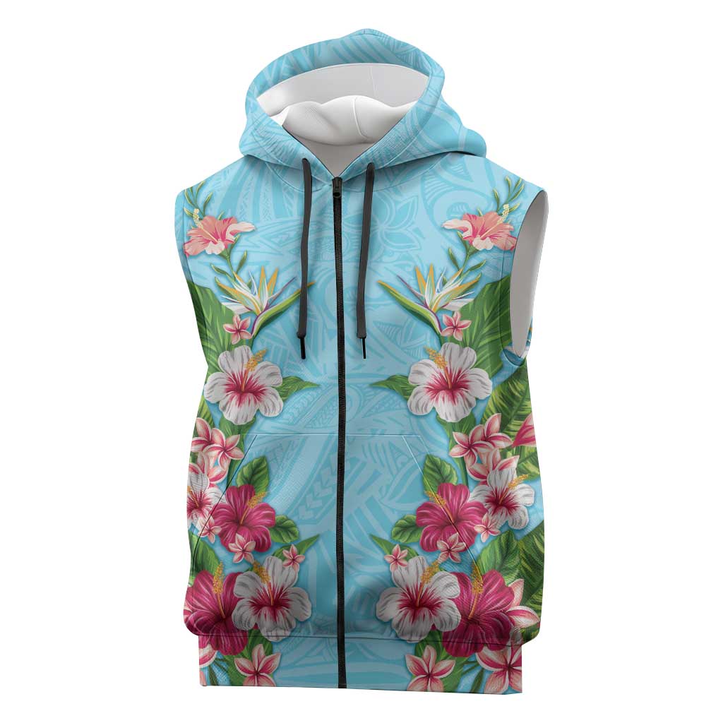 Hawaii Tropical Flowers Sleeveless Zip Hoodie Sky Blue Polynesian Tattoo Art