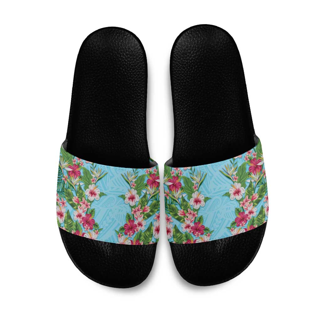 Hawaii Tropical Flowers Slide Sandals Sky Blue Polynesian Tattoo Art